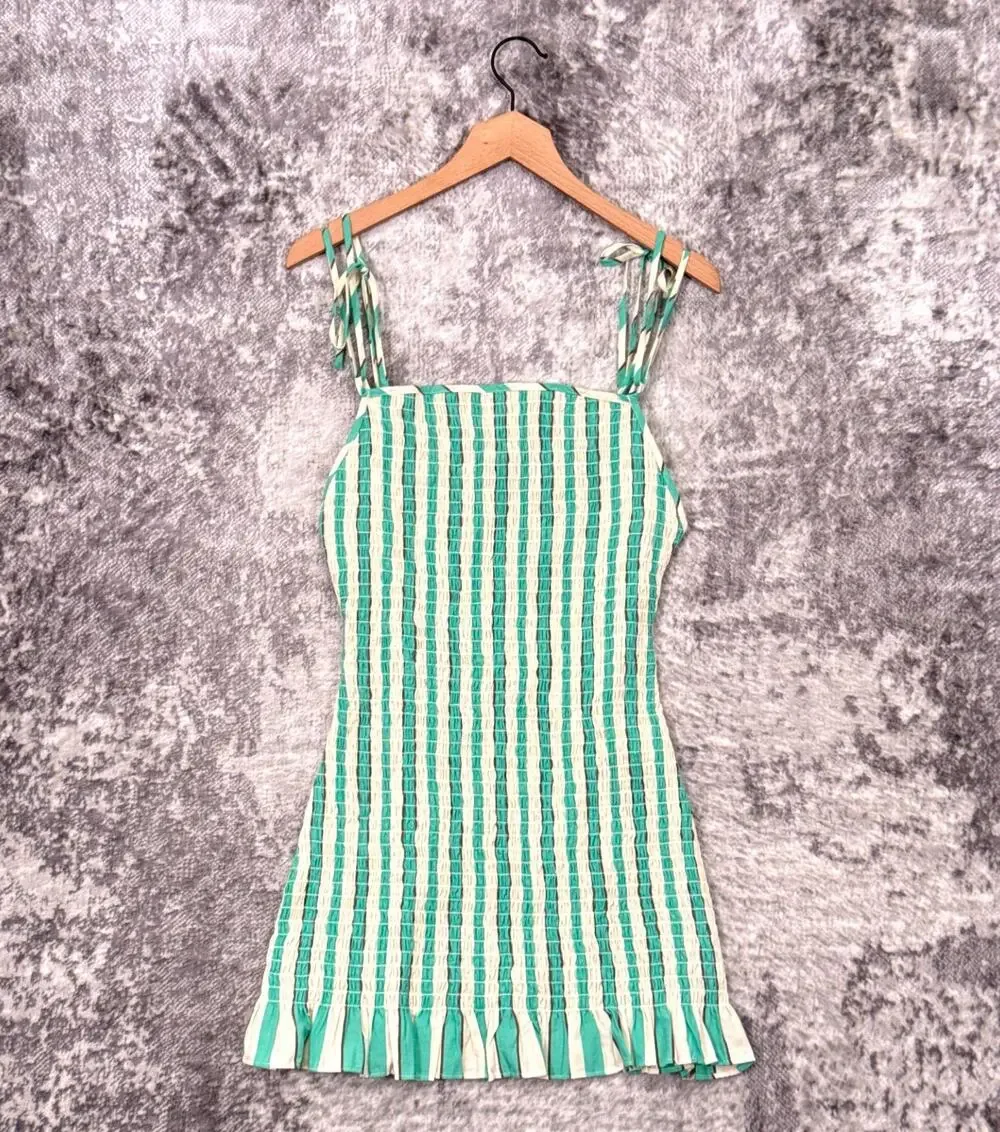 Free People Dress Small Womens Rylee Green Striped Smocked Mini